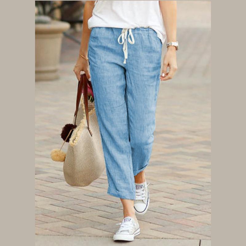 New Solid Color Loose Casual Drawstring Elastic Waist Jogger Pants for Womens Drawstring Capri Tapered Pants Trousers with Pockets