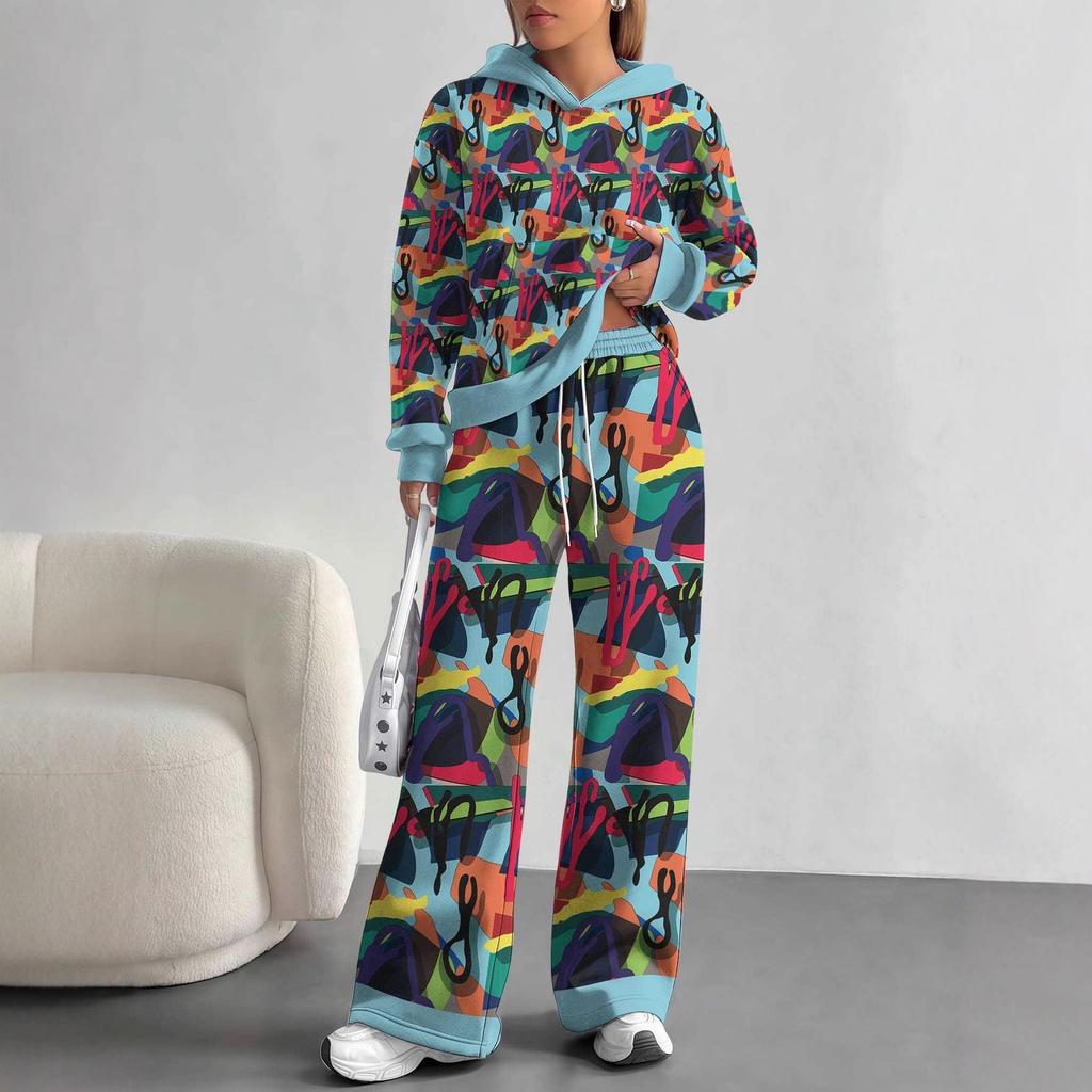 Color Graffiti European and American Autumn and Winter Casual Long-sleeved Suit Women's Hooded Sweater Trousers Two-piece Set