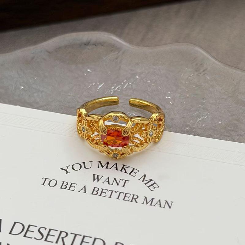 Medieval Vintage French Colored Treasure Zircon Light Luxury High-End Open Ring Niche Design Ring Woman