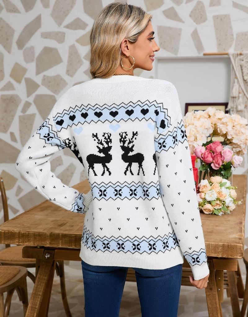 Autumn and winter knitted sweater christmas elk jacquard pullover crew neck top sweater women