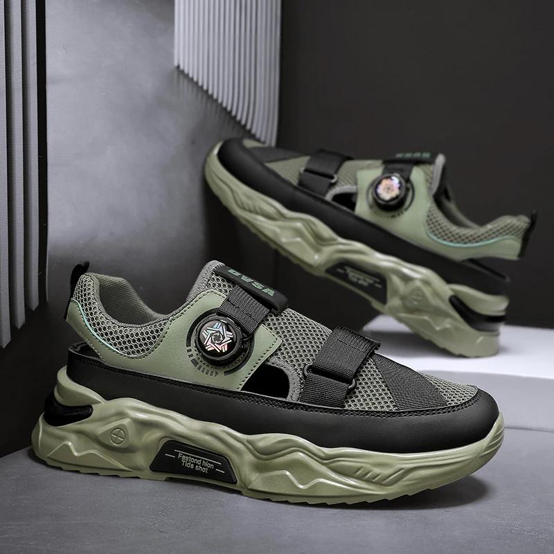 

Летние сандалии 2025 года Мужские шлепанцы с вращающейся пряжкой Удобная пляжная обувь Легкие нескользящие сетчатые кроссовки с перфорацией Мужские 44 армия зеленый