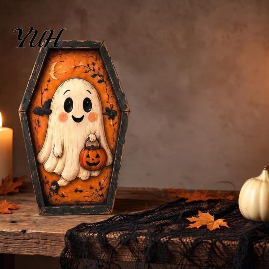 Boerderij Seizoensdecor Vintage Halloween Houten Tafeldecoratie, Rustiek Zwarte Kat Geest Skelet Pompoen Huisaccenten Bureau Blokbord voor Gelaagde