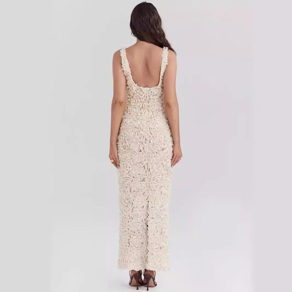 Elegant 3d Flower Halter Long Dress Women Slim Sleeveless Backless Pleated Holiday Dresses 2024 Summer Lady Solid Cotton Robes