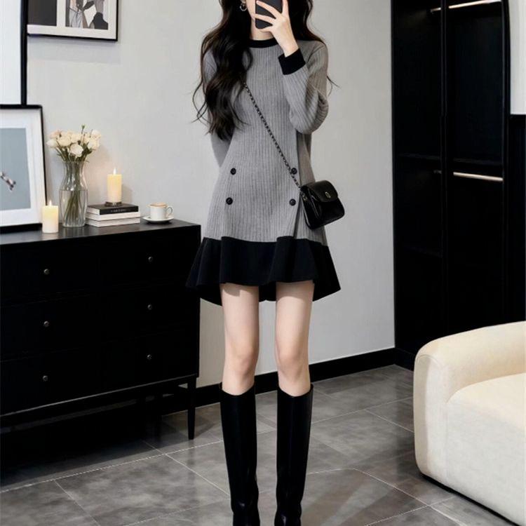 

Women s Slimming Grey Knit Dress with Ruffles - Korean Style 2026 Autumn/Winter Collection S [Recommended 90-105] сірий