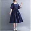 Long Dress Women Linen Large Size Loose Summer Solid Color Short-sleeved Dress Knee-length Thin Large Swing Dress