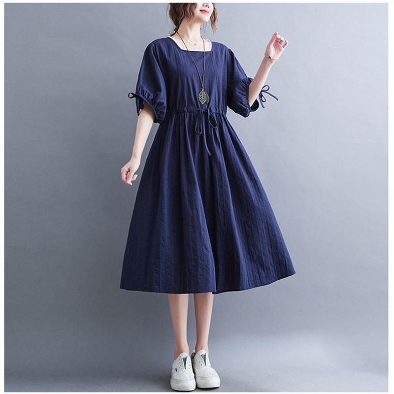 Long Dress Women Linen Large Size Loose Summer Solid Color Short-sleeved Dress Knee-length Thin Large Swing Dress