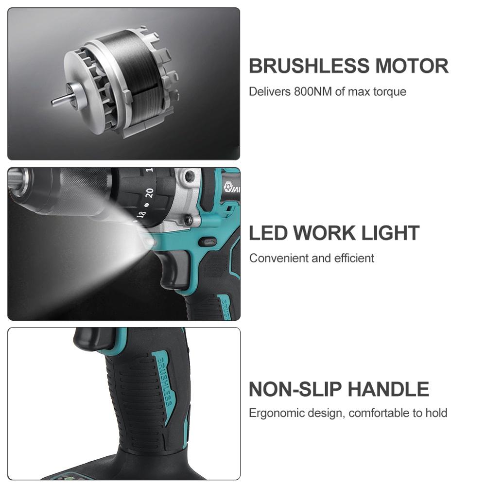 3In1 13mm Cordless Brushless Electric Drill 520NM Screwdriver 20+2 Torque Impact Drill Power Tool with 2 Battery 388VF