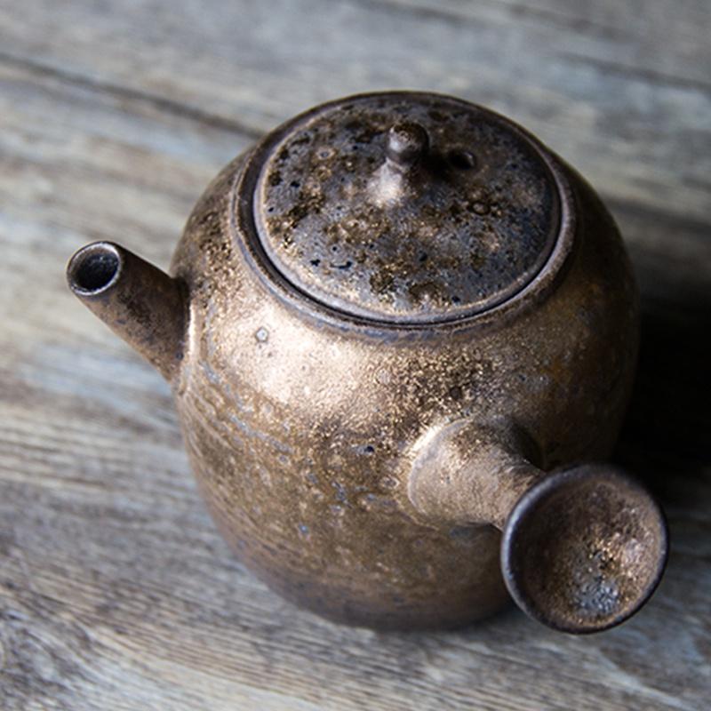 220ml Gilded Ceramic Side Handle Teapot Japanese Retro Coarse Pottery Filter Kung Fu Tea Set
