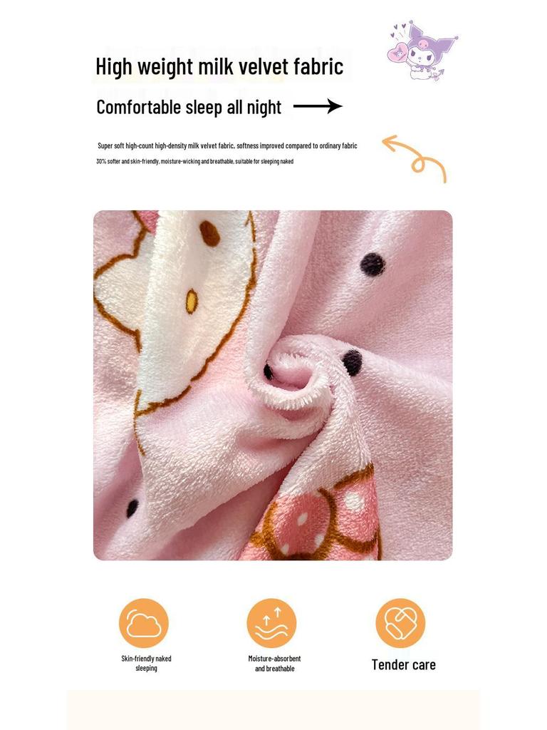 Sanrio Thick Warm Milk Velvet Fitted Sheet - Cute KT Cat, Kuromi & My Melody Design