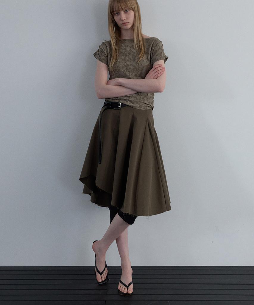 Unessin Asymmetric Cutting Midi Skirt_Khaki