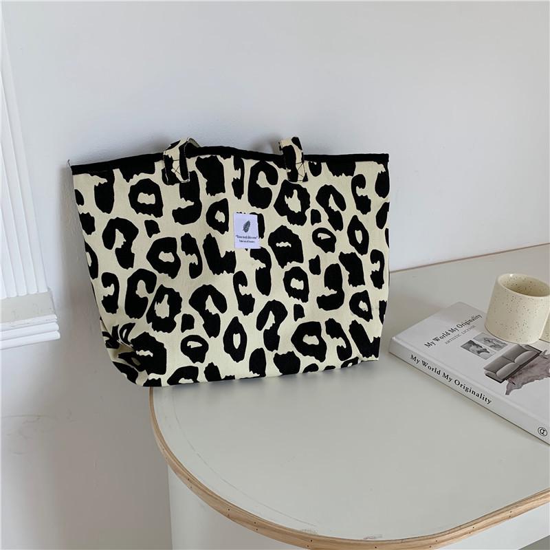 Fashionable Beige Leopard Print Canvas Tote Bag - Large Capacity Shoulder Handbag for Female Students