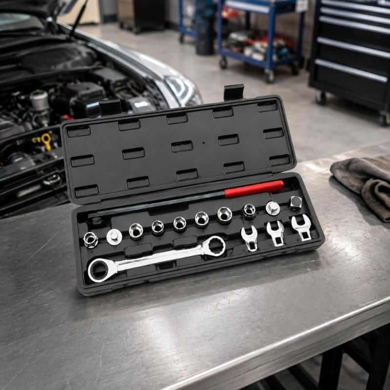 Spring Tensioner Removal and Adjustment Service Kit with Extension Bar, Drive Pieces, Crowfoot Heads, and Blow-Molded Storage Case
