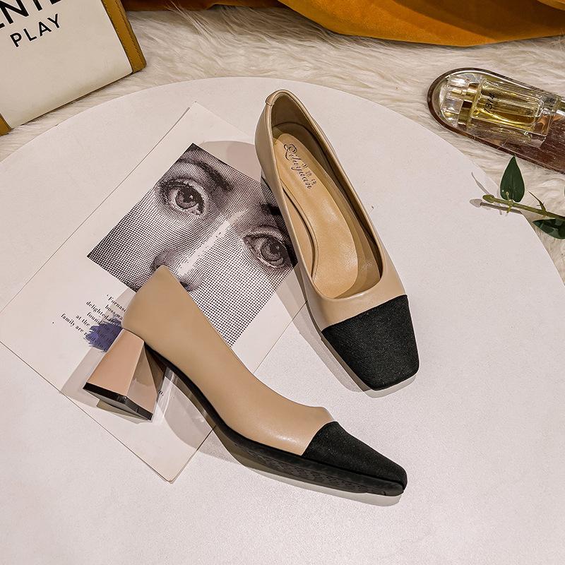 

thick heel high heels women s new color matching women s shoes square head work shoes are not tired feet small fragrant style medium heel single shoes 39