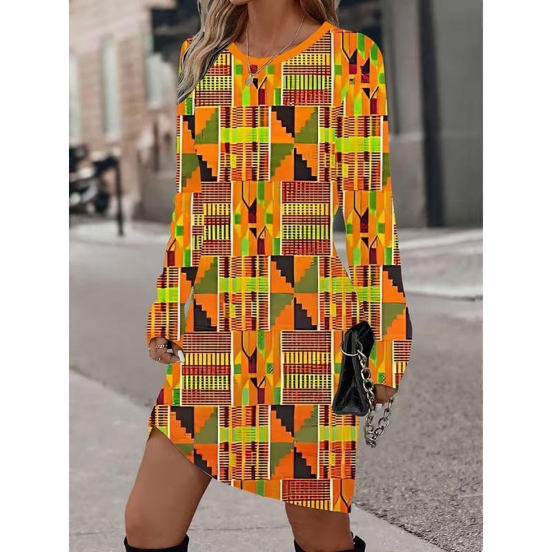 3D Retro Geometric Pattern Printed Dress, Autumn Long Sleeved Round Neck Casual Mini Dress