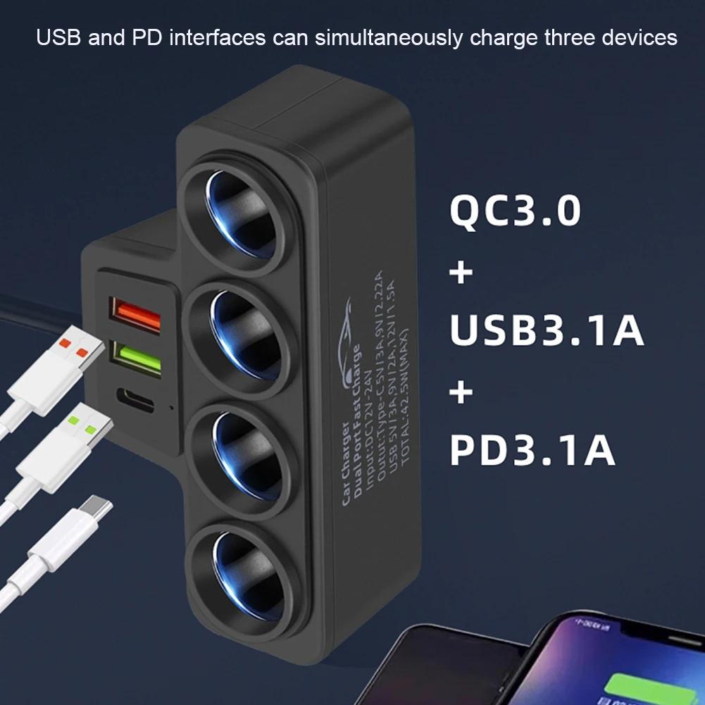 QC3.0+PD 3.1A Car Cigarette Lighter Adapter 12V-24V 4-Socket Car USB Charger 120W Phone Power Adapter USB Phone Charger Adapter