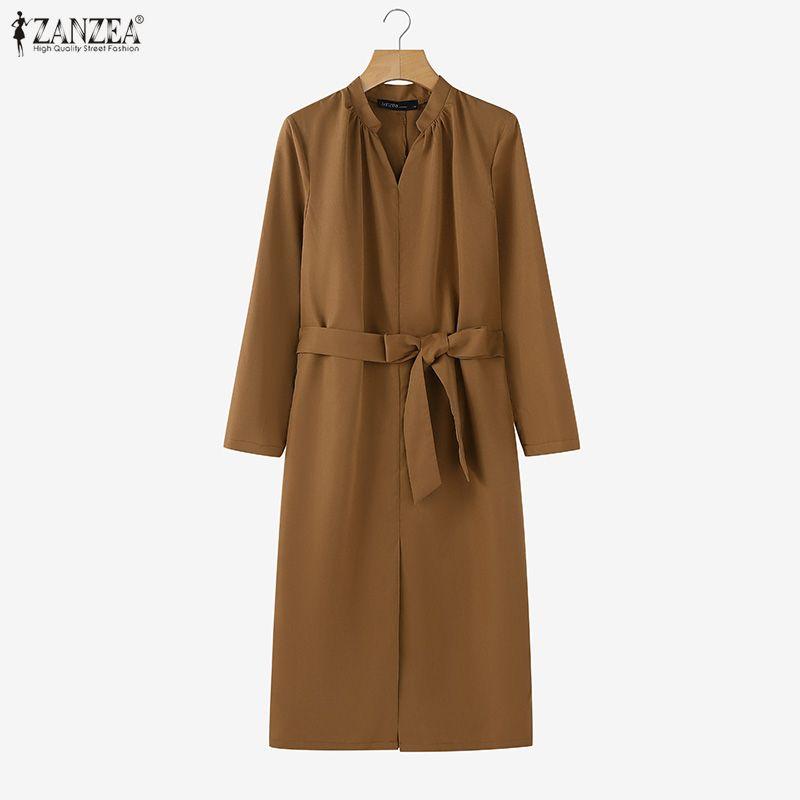 ZANZEA Women Casual V-Neck Solid Color Long Sleeve Sheath Dress
