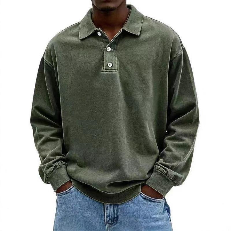 Mens Washed Long Sleeve Polo Shirt Casual Spread Collar Solid Color Loose Fit Pullover Top