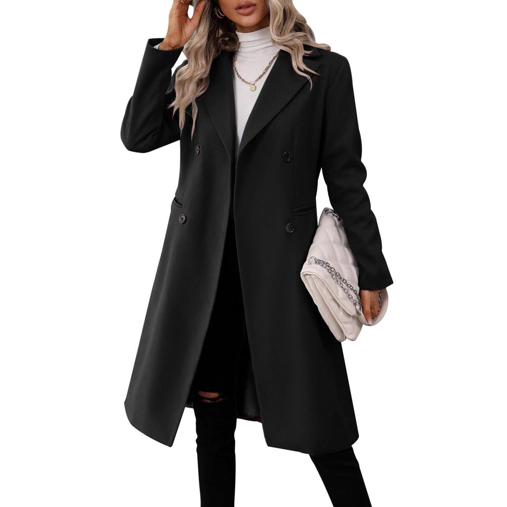 Women's Casual And Stylish Long Solid Color Wool Coat With Double-breasted Lapel