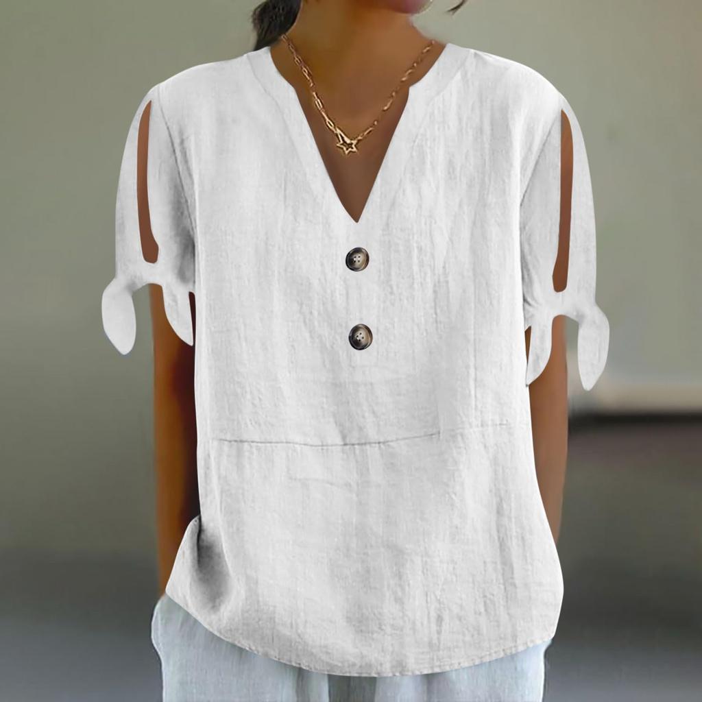 Women's Cotton Linen Shirt Short-sleeved Hollow V-neck Top Casual Knot T-shirt Loose Solided Color T-shirt Top