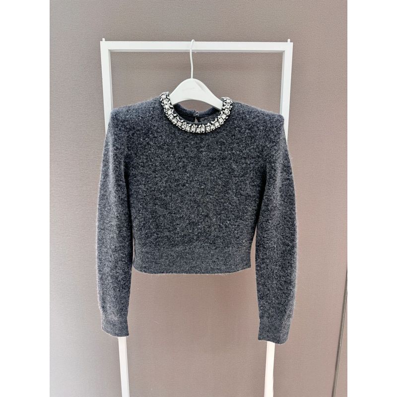 

Classic Style 2024 Fall and Winter New Arrival Ladies Rhinestone Beaded round Neck Slim-Fit Short Long Sleeve Knitted Sweater Top Women Classy gray diamond collar L
