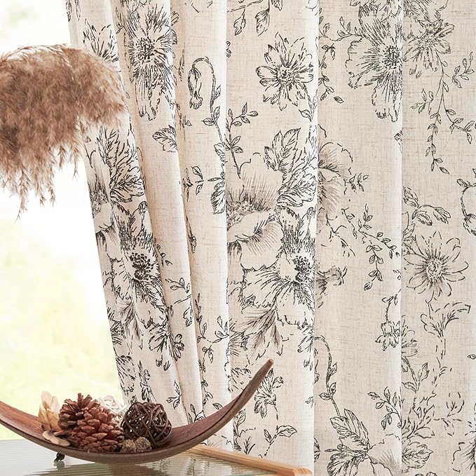 Cortina Floral Filtrante de Algodão Linho com Bolso para Varão para Sala de Estar Quarto Cortinas Cortina de Chuveiro Luxo Casa de Campo