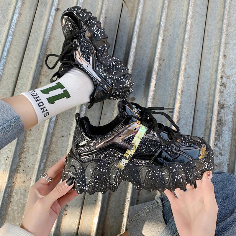 Pantofi de sport pentru femei, primăvară 2021, la modă, din pânză cu paiete, respirabil, vârf rotund, pantofi groși pentru femei