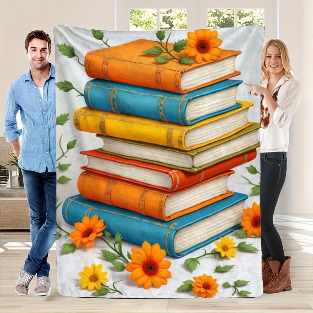 

Brightly colored flower book stack Flannel printed blanket suitable for all seasons suitable for living room office sofa travel 75x100cm