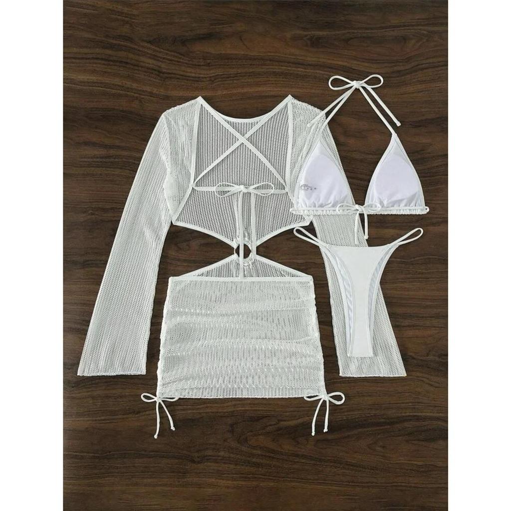 With Long Sleeve Cover Up Halter Bikini Women Swimwear Female Swimsuit Three-pieces Bikini set Bather Bathing Suit Swim