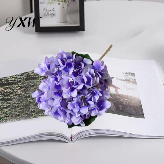 Realistic Fake Flowers Artificial Hydrangea with Green Leaves Stem Flower Wedding Faux Decor Home Office Table Centerpiece Floral Branch Arrangement