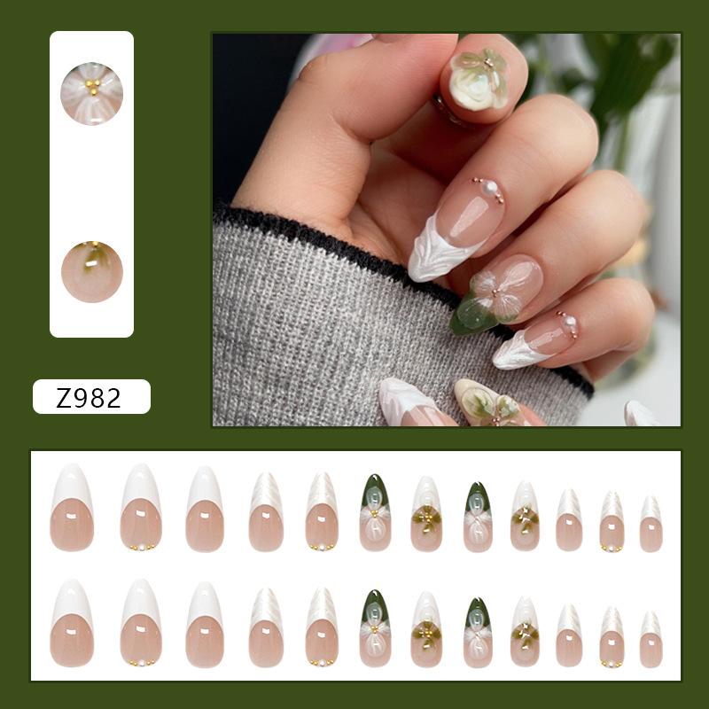 

White-green French three-dimensional corrugated camellia small gold beads versatile temperament gentle medium and long almond nail diamond 24 pieces