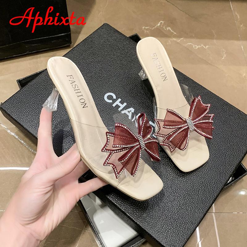 Fashion Aphixta 2025 Summer 7cm Transparent Thin Heel Flip Flops Women Luxury Crystals Bow-tie Design Open Toe Slides Sandals Cool Shoes