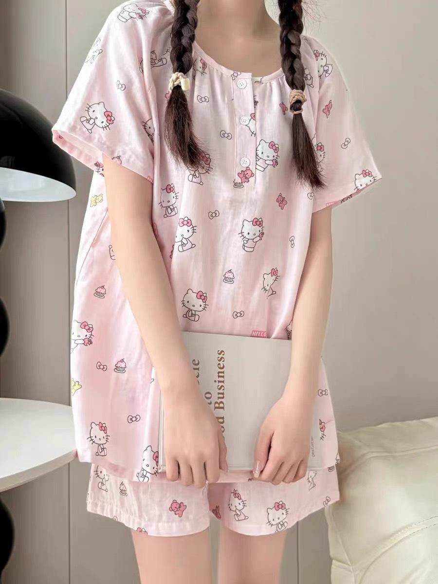 

New round neck pink Kitty cat pajamas women s summer cardigan short-sleeved shorts two-piece loungewear S