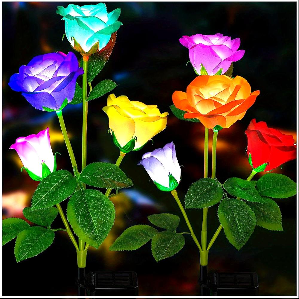 Solar Garden Lights - Outdoor Solar Lights, 7-Color Color Changing Rose Lights, Garden Decor, Enlarged Solar Panels, More Realistic Roses