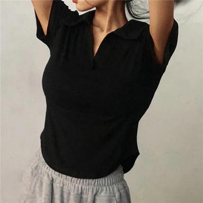 Sommer Kurzarm Revers Top Damen Einfarbig V-Ausschnitt Pullover Retro Süße Shirts Hot Girl Crop Top Weibliches Schlankes Vielseitiges T-Shirt