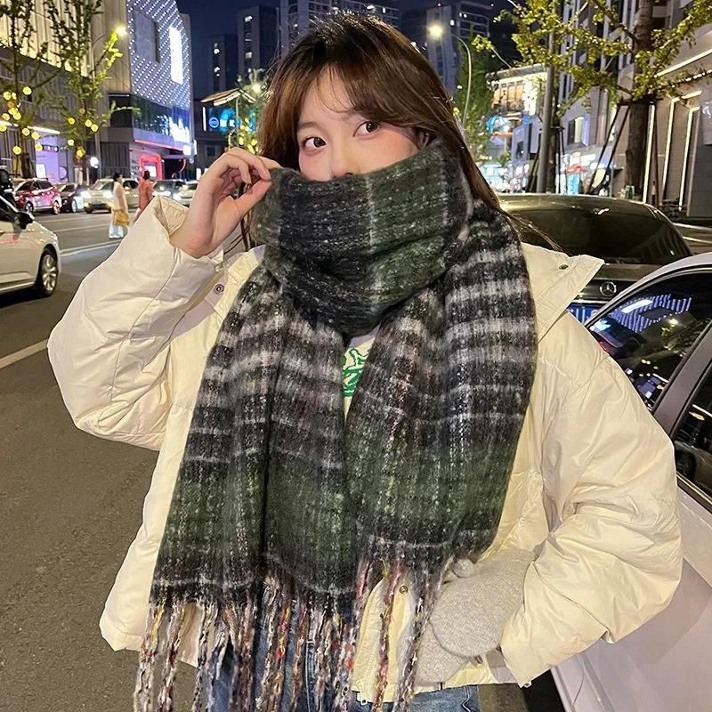 Chic Design Plaid Mohair Scarf Women Korean Version Streetstyle Imitation Cashmere Muffler Female Warm Soft Thick Shawl Ladies