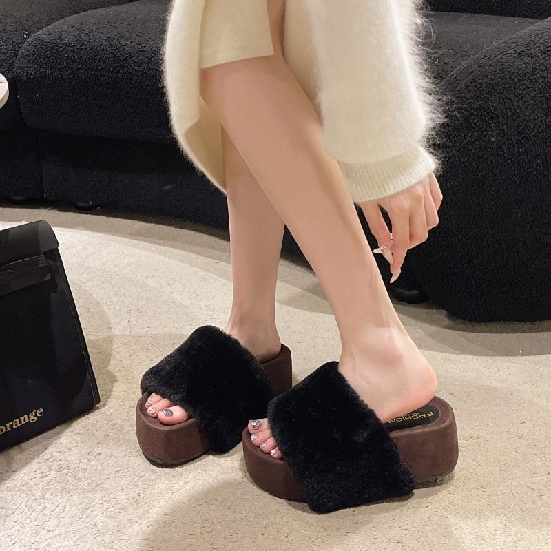 New Women's Fashion Slippers Round Toe Platform Sole High Heels One-line Fur Slippers Outdoor Fashion All-match Suede Flat Shoes