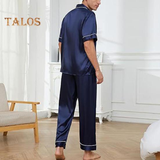 2-teiliges Pyjama-Set für Herren aus Seidensatin mit Reverskragen und Button-Down-Pyjamaoberteil mit Brusttasche, elastischer Bund und Hose, Nachtwäsche