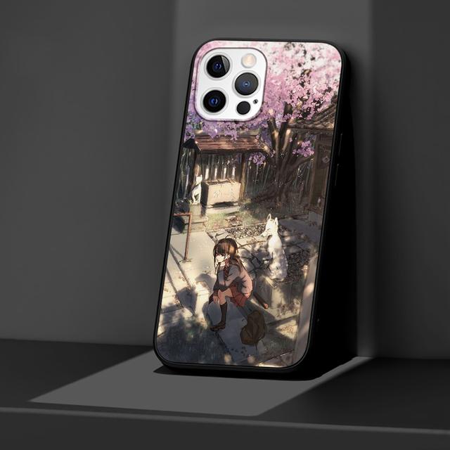 Japanese Anime Plum Cherry Blossom Girl Case For Iphone 14 13 11 12 Pro Max Xr 7 8 X 6 6s Plus Xs 5 5s Se Black Soft Phone Cover