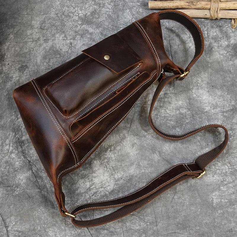 Retro Big Leather Chest Bag For Sports Hiking Biking Crossbody Bags Crazy Horse Leather Men Male Chest Packs Single Shoulder Bag