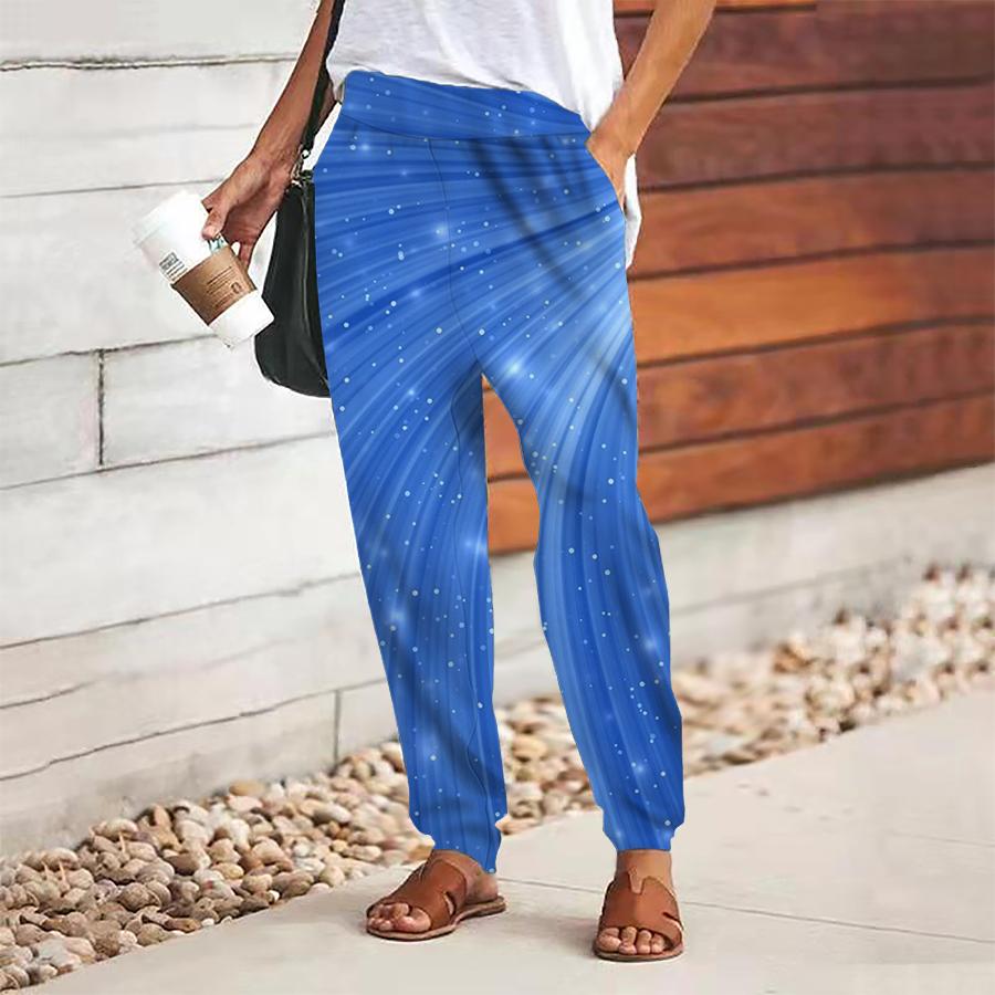 Women Abstract Printing Pants Lace Up Elastic Waist Loose  Trousers Casual Long Pants Trousers with Pockets