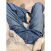 High-waisted blue velvet thickened straight jeans women's autumn m slim pear-shaped body wide-leg trousers
