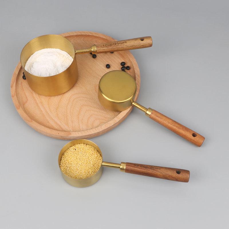 Copper & Acacia Wood Handle Measuring Spoons and Cups: 8-Piece Stainless Steel Set for Baking & Coffee