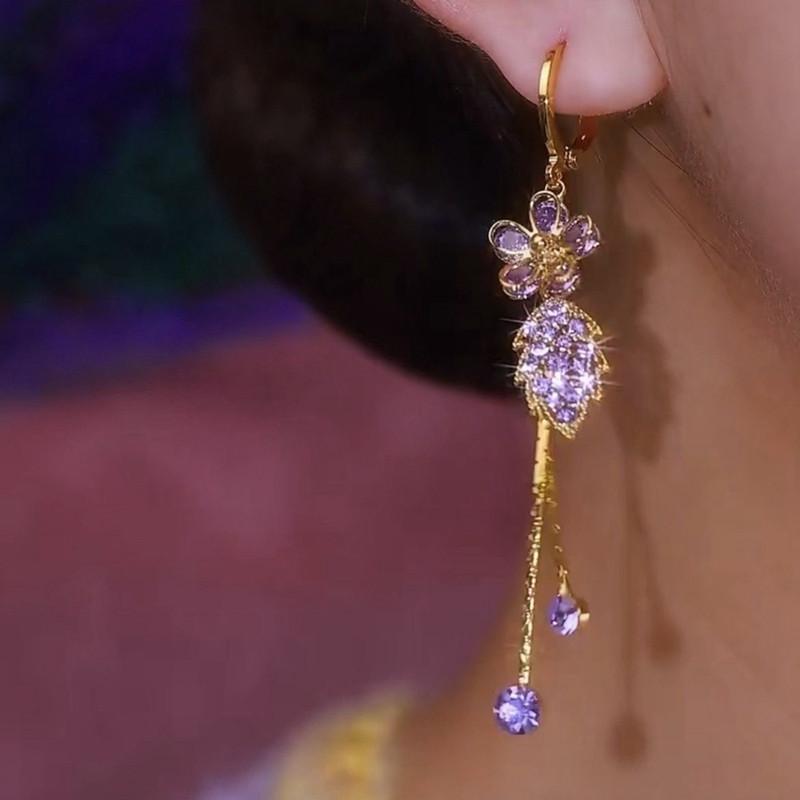 Exquisite Purple Zircon Flower Leaves Long Tassel Earrings For Women Fashionable Daily Accessory Party  Birthday Gifts