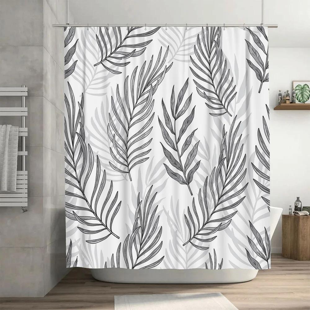 White Pattern Shower Curtain with Gray Leaves Bathroom Decor Waterproof Liner for Bathtub and Sink Faucet 6 hooks included (180x