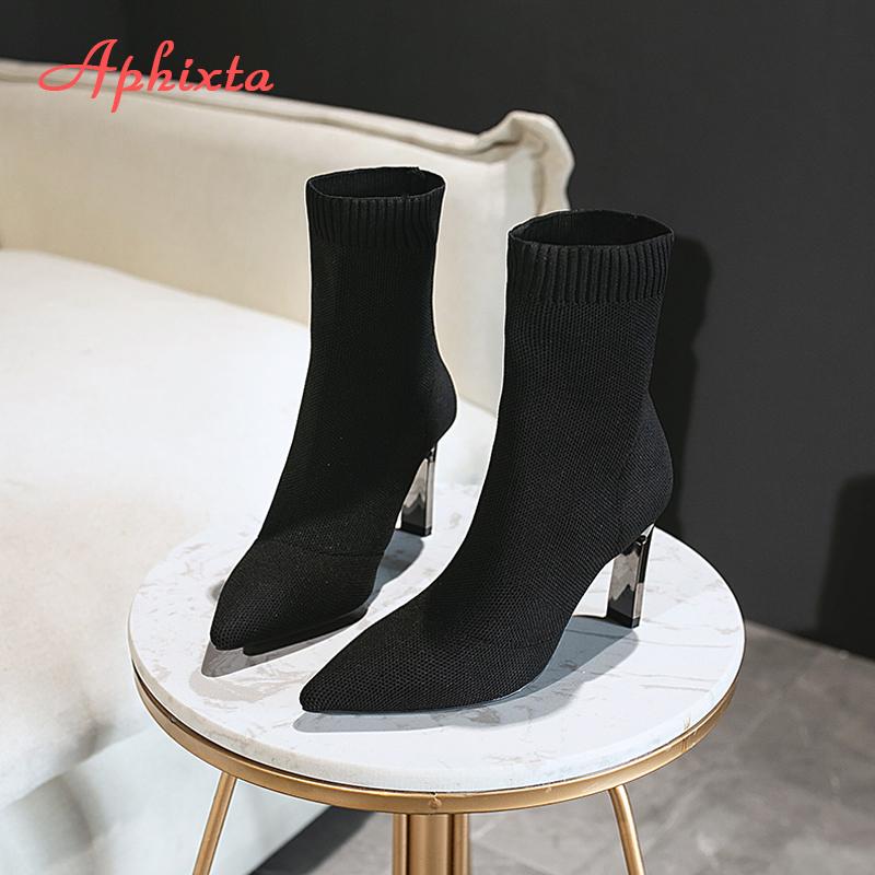 Fashion Aphixta Black Knitting Elastic Women Socks Boots Shoes Elegant Metal Thin High Heel Pointed Toe Ankle Boots for Women