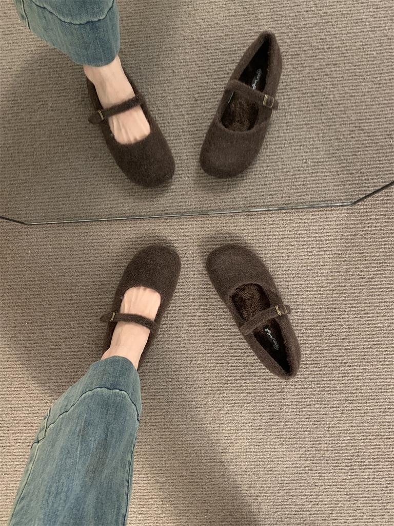 2025 new wool integrated fleece single shoes women's soft-soled Mary Jane ballet shoes fluffy shoes flat-soled outer wear