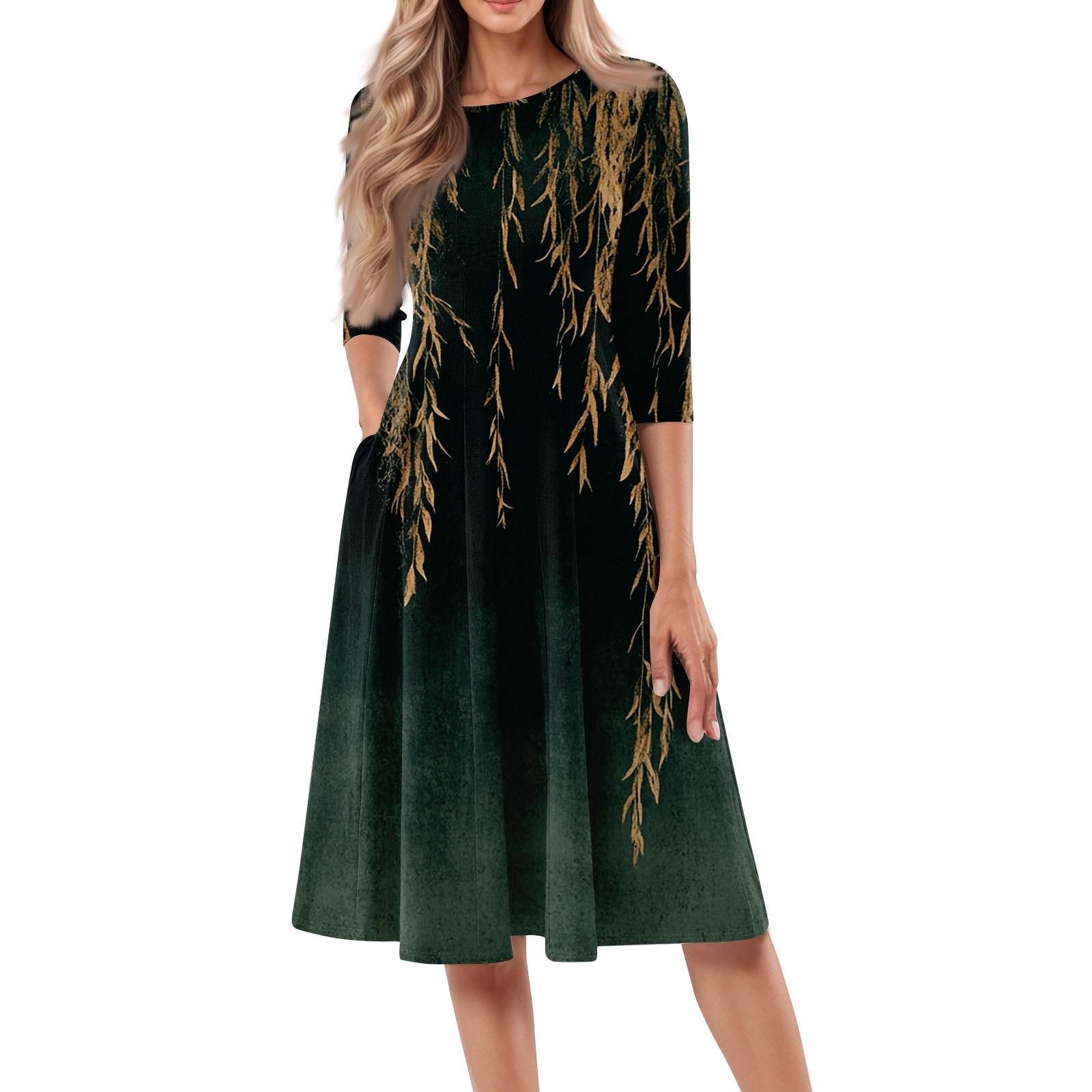 

Женское повседневное модное платье миди с круглым вырезом и рукавом три четверти с цветочным принтом XXL армия зеленый