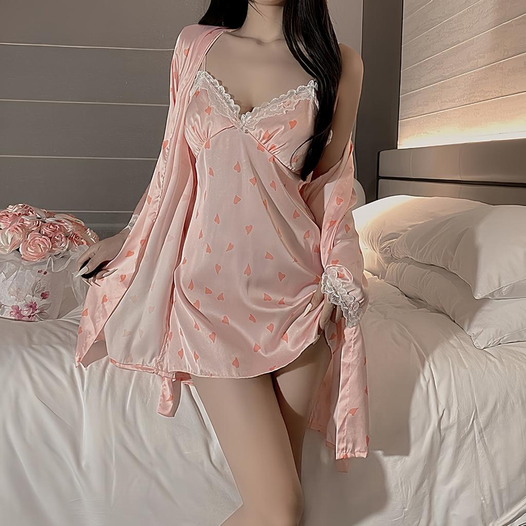 Pure desire style sexy ice silk pajamas women's suspender nightgown nightgown two-piece set imperial sister French loungewear with chest pad summer