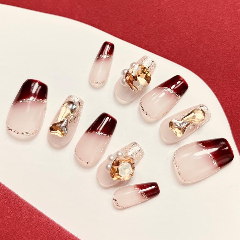 Spring/Summer French Romantic Wine Red Glitter Champagne Rhinestone Nail Tips - Detachable & Wearable Fake Nails