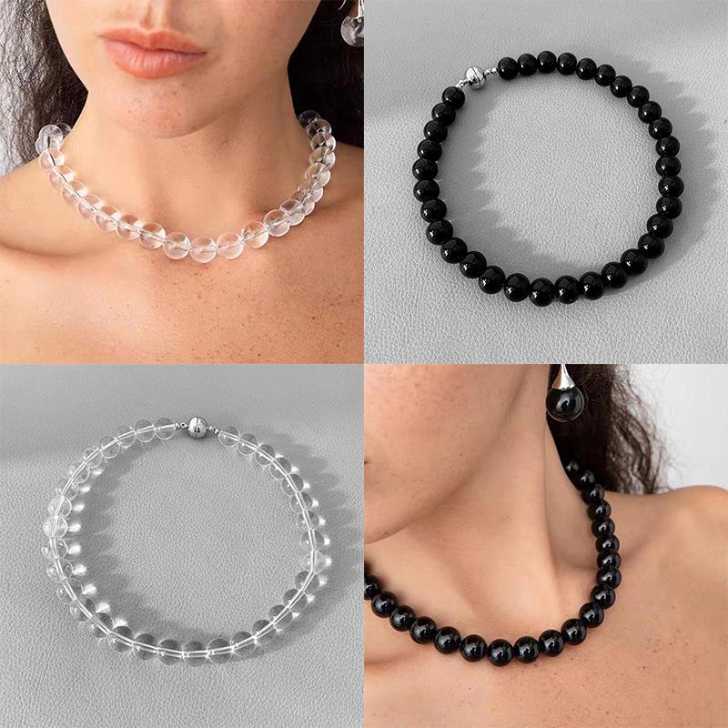 Korean Minimalist Black Agate Beaded Necklace with Freshwater Pearl Clavicle Chain for Women